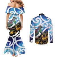 Kekeru New Zealand Matariki Couples Matching Mermaid Dress and Long Sleeve Button Shirt Kukupa Kowhai Maori New Year Blue Version