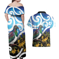Kekeru New Zealand Matariki Couples Matching Off Shoulder Maxi Dress and Hawaiian Shirt Kukupa Kowhai Maori New Year Blue Version