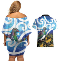Kekeru New Zealand Matariki Couples Matching Off Shoulder Short Dress and Hawaiian Shirt Kukupa Kowhai Maori New Year Blue Version