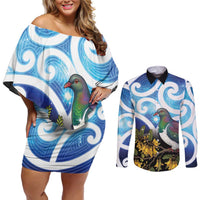 Kekeru New Zealand Matariki Couples Matching Off Shoulder Short Dress and Long Sleeve Button Shirt Kukupa Kowhai Maori New Year Blue Version