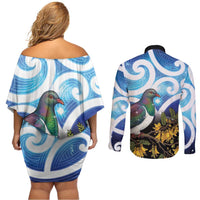 Kekeru New Zealand Matariki Couples Matching Off Shoulder Short Dress and Long Sleeve Button Shirt Kukupa Kowhai Maori New Year Blue Version