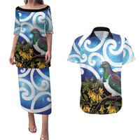 Kekeru New Zealand Matariki Couples Matching Puletasi and Hawaiian Shirt Kukupa Kowhai Maori New Year Blue Version