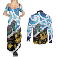 Kekeru New Zealand Matariki Couples Matching Summer Maxi Dress and Long Sleeve Button Shirt Kukupa Kowhai Maori New Year Blue Version