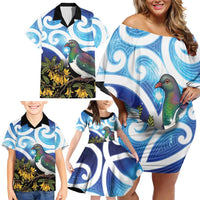 Kekeru New Zealand Matariki Family Matching Off Shoulder Short Dress and Hawaiian Shirt Kukupa Kowhai Maori New Year Blue Version