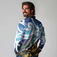 Kekeru New Zealand Matariki Long Sleeve Polo Shirt Kukupa Kowhai Maori New Year Blue Version