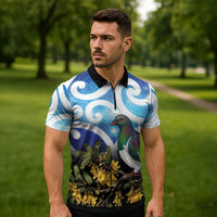 Kekeru New Zealand Matariki Zipper Polo Shirt Kukupa Kowhai Maori New Year Blue Version