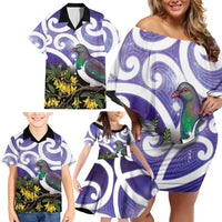 Kekeru New Zealand Matariki Family Matching Off Shoulder Short Dress and Hawaiian Shirt Kukupa Kowhai Maori New Year Purple Version