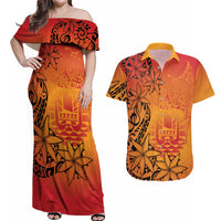 French Polynesia Manta Ray Tattoo Couples Matching Off Shoulder Maxi Dress and Hawaiian Shirt Tahiti Hahalua Tiare Maori Gradient Style