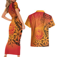 French Polynesia Manta Ray Tattoo Couples Matching Short Sleeve Bodycon Dress and Hawaiian Shirt Tahiti Hahalua Tiare Maori Gradient Style
