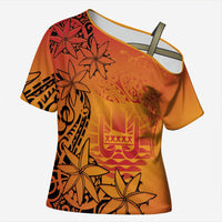 French Polynesia Manta Ray Tattoo Cross Shoulder Shirt Tahiti Hahalua Tiare Maori Gradient Style LT14 Female Orange - Polynesian Pride