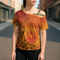 French Polynesia Manta Ray Tattoo Cross Shoulder Shirt Tahiti Hahalua Tiare Maori Gradient Style LT14 - Polynesian Pride