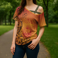 French Polynesia Manta Ray Tattoo Cross Shoulder Shirt Tahiti Hahalua Tiare Maori Gradient Style LT14 - Polynesian Pride