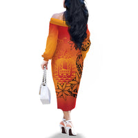 French Polynesia Manta Ray Tattoo Family Matching Off The Shoulder Long Sleeve Dress and Hawaiian Shirt Tahiti Hahalua Tiare Maori Gradient Style