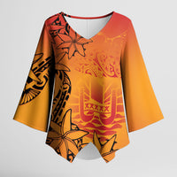 French Polynesia Manta Ray Tattoo Kimono Sleeve Blouse Tahiti Hahalua Tiare Maori Gradient Style LT14 Female Orange - Polynesian Pride