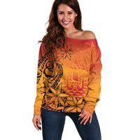 French Polynesia Manta Ray Tattoo Off Shoulder Sweater Tahiti Hahalua Tiare Maori Gradient Style LT14 Women Orange - Polynesian Pride