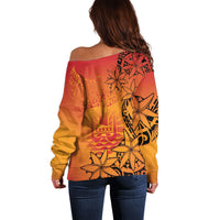 French Polynesia Manta Ray Tattoo Off Shoulder Sweater Tahiti Hahalua Tiare Maori Gradient Style LT14 - Polynesian Pride