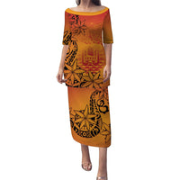 French Polynesia Manta Ray Tattoo Puletasi Tahiti Hahalua Tiare Maori Gradient Style LT14 Long Dress Orange - Polynesian Pride