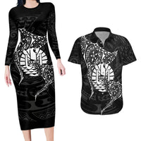 French Polynesia Manta Ray Tattoo Couples Matching Long Sleeve Bodycon Dress and Hawaiian Shirt Tahiti Hahalua Turtle Shark Black Color