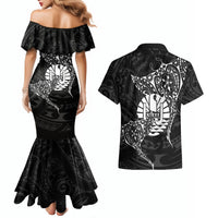 French Polynesia Manta Ray Tattoo Couples Matching Mermaid Dress and Hawaiian Shirt Tahiti Hahalua Turtle Shark Black Color