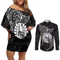 French Polynesia Manta Ray Tattoo Couples Matching Off Shoulder Short Dress and Long Sleeve Button Shirt Tahiti Hahalua Turtle Shark Black Color