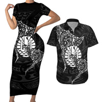 French Polynesia Manta Ray Tattoo Couples Matching Short Sleeve Bodycon Dress and Hawaiian Shirt Tahiti Hahalua Turtle Shark Black Color
