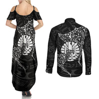 French Polynesia Manta Ray Tattoo Couples Matching Summer Maxi Dress and Long Sleeve Button Shirt Tahiti Hahalua Turtle Shark Black Color