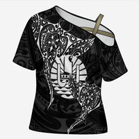 French Polynesia Manta Ray Tattoo Cross Shoulder Shirt Tahiti Hahalua Turtle Shark Black Color LT14 Female Black - Polynesian Pride