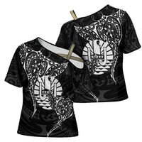 French Polynesia Manta Ray Tattoo Cross Shoulder Shirt Tahiti Hahalua Turtle Shark Black Color LT14 - Polynesian Pride