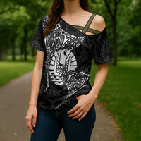 French Polynesia Manta Ray Tattoo Cross Shoulder Shirt Tahiti Hahalua Turtle Shark Black Color LT14 - Polynesian Pride