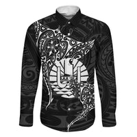French Polynesia Manta Ray Tattoo Family Matching Long Sleeve Bodycon Dress and Hawaiian Shirt Tahiti Hahalua Turtle Shark Black Color