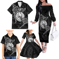 French Polynesia Manta Ray Tattoo Family Matching Off The Shoulder Long Sleeve Dress and Hawaiian Shirt Tahiti Hahalua Turtle Shark Black Color