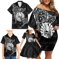 French Polynesia Manta Ray Tattoo Family Matching Off Shoulder Short Dress and Hawaiian Shirt Tahiti Hahalua Turtle Shark Black Color