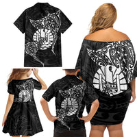 French Polynesia Manta Ray Tattoo Family Matching Off Shoulder Short Dress and Hawaiian Shirt Tahiti Hahalua Turtle Shark Black Color