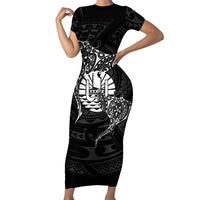 French Polynesia Manta Ray Tattoo Family Matching Short Sleeve Bodycon Dress and Hawaiian Shirt Tahiti Hahalua Turtle Shark Black Color