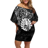 French Polynesia Manta Ray Tattoo Off Shoulder Short Dress Tahiti Hahalua Turtle Shark Black Color LT14 Women Black - Polynesian Pride