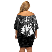 French Polynesia Manta Ray Tattoo Off Shoulder Short Dress Tahiti Hahalua Turtle Shark Black Color LT14 - Polynesian Pride