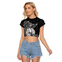 French Polynesia Manta Ray Tattoo Raglan Cropped T Shirt Tahiti Hahalua Turtle Shark Black Color LT14 Female Black - Polynesian Pride