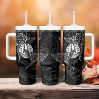 French Polynesia Manta Ray Tattoo Tumbler With Handle Tahiti Hahalua Turtle Shark Black Color LT14 - Polynesian Pride