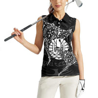 French Polynesia Manta Ray Tattoo Women Sleeveless Polo Shirt Tahiti Hahalua Turtle Shark Black Color