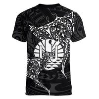 French Polynesia Manta Ray Tattoo Women V-Neck T-Shirt Tahiti Hahalua Turtle Shark Black Color