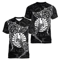 French Polynesia Manta Ray Tattoo Women V-Neck T-Shirt Tahiti Hahalua Turtle Shark Black Color