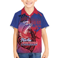 Guam Blue Marlin Fishing Family Matching Off The Shoulder Long Sleeve Dress and Hawaiian Shirt Guahan Fish Hook Tattoo