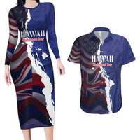 Personalized Hawaii Statehood Day Couples Matching Long Sleeve Bodycon Dress and Hawaiian Shirt 66th Anniversary LT14 Blue - Polynesian Pride