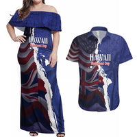 Personalized Hawaii Statehood Day Couples Matching Off Shoulder Maxi Dress and Hawaiian Shirt 66th Anniversary LT14 Blue - Polynesian Pride