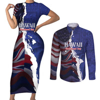 Personalized Hawaii Statehood Day Couples Matching Short Sleeve Bodycon Dress and Long Sleeve Button Shirt 66th Anniversary LT14 Blue - Polynesian Pride
