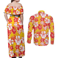 Yellow Hawaii Hibiscus Couples Matching Off Shoulder Maxi Dress and Long Sleeve Button Shirt Tropical Flowers Seamless Pattern - Polynesian Pride