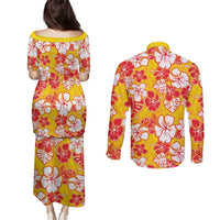 Yellow Hawaii Hibiscus Couples Matching Puletasi and Long Sleeve Button Shirt Tropical Flowers Seamless Pattern - Polynesian Pride