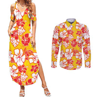 Yellow Hawaii Hibiscus Couples Matching Summer Maxi Dress and Long Sleeve Button Shirt Tropical Flowers Seamless Pattern - Polynesian Pride