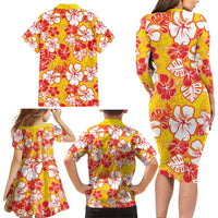 Yellow Hawaii Hibiscus Family Matching Long Sleeve Bodycon Dress and Hawaiian Shirt Tropical Flowers Seamless Pattern - Polynesian Pride