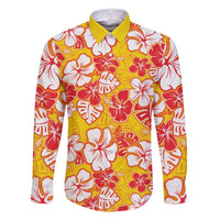 Yellow Hawaii Hibiscus Family Matching Long Sleeve Bodycon Dress and Hawaiian Shirt Tropical Flowers Seamless Pattern - Polynesian Pride